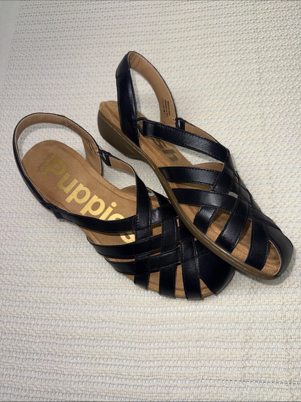 Hush Puppies Black Leather Woven Slingback Sandals